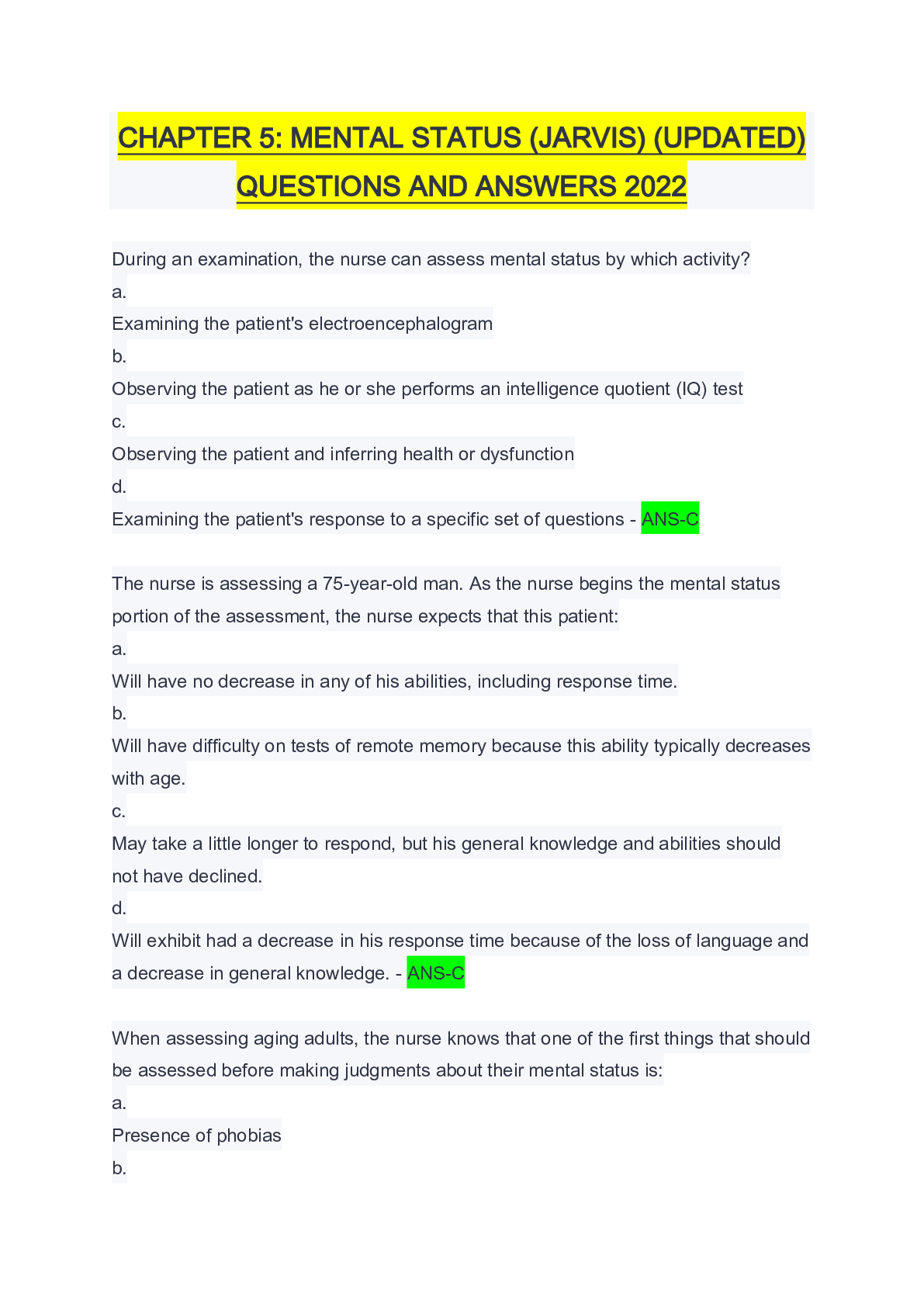 Preview image for CHAPTER 5: MENTAL STATUS (JARVIS) (UPDATED)  QUESTIONS AND ANSWERS 2022